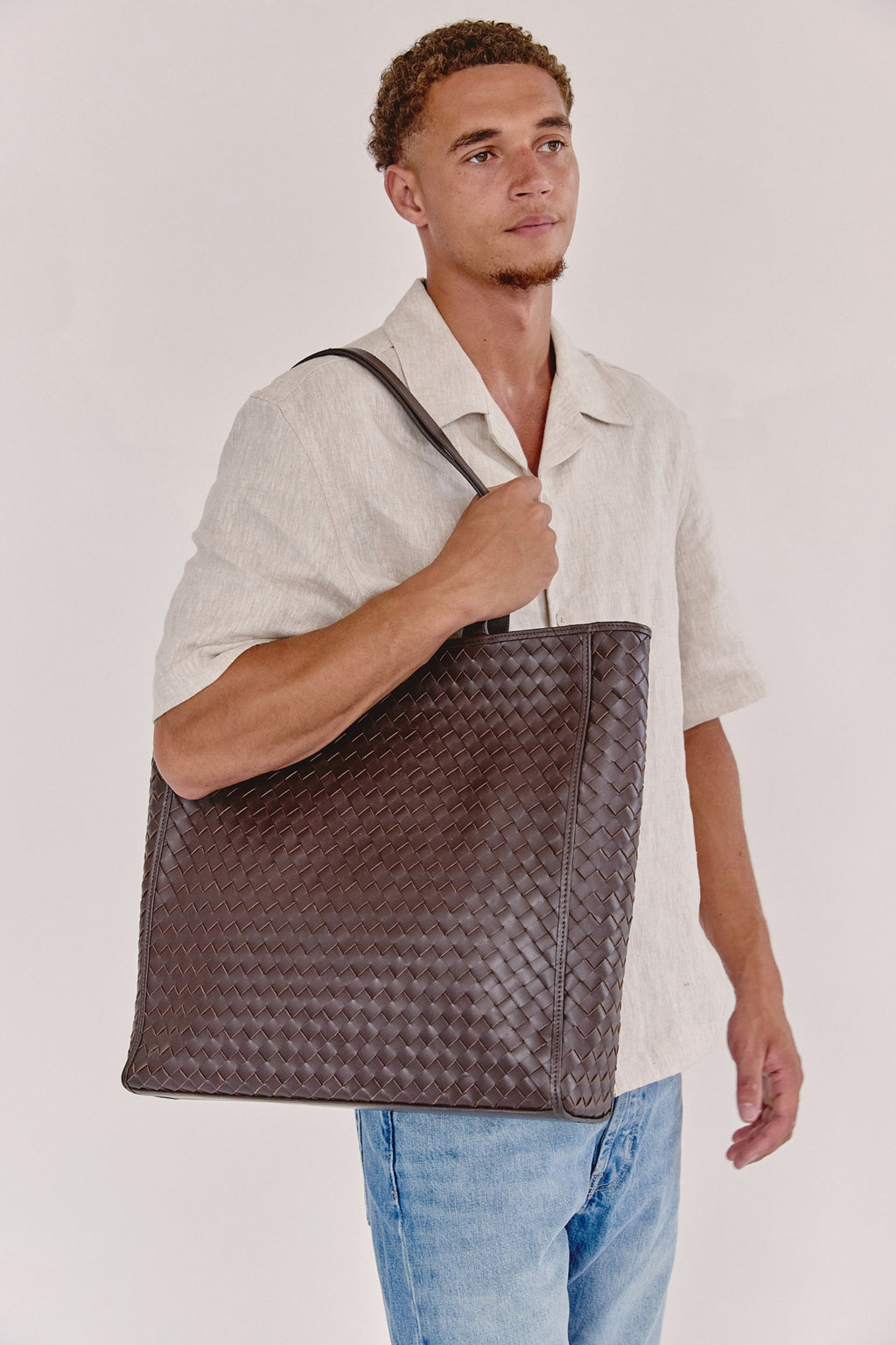 Emilio Large Woven Leather Tote Brown