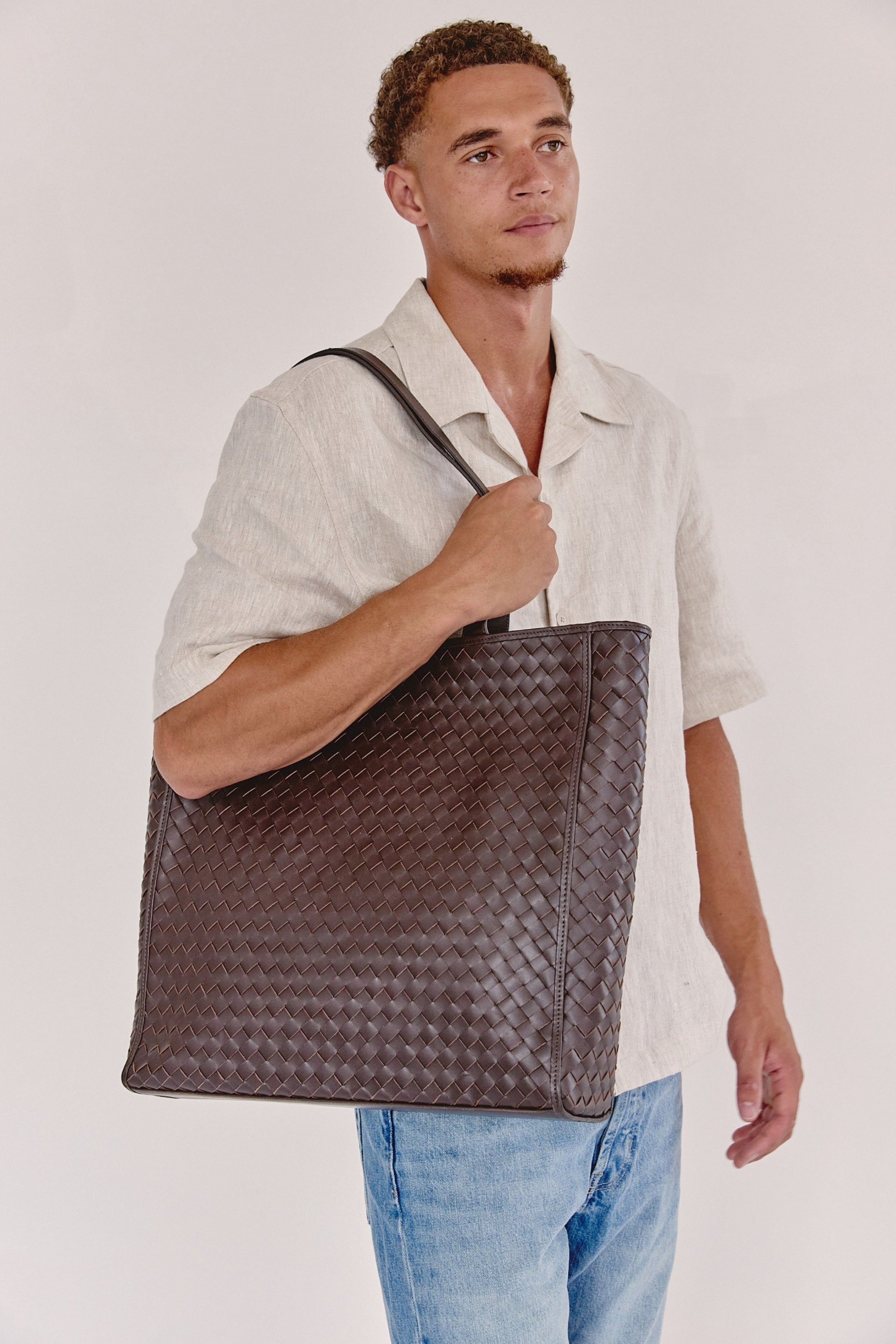 Emilio Large Woven Leather Tote Brown
