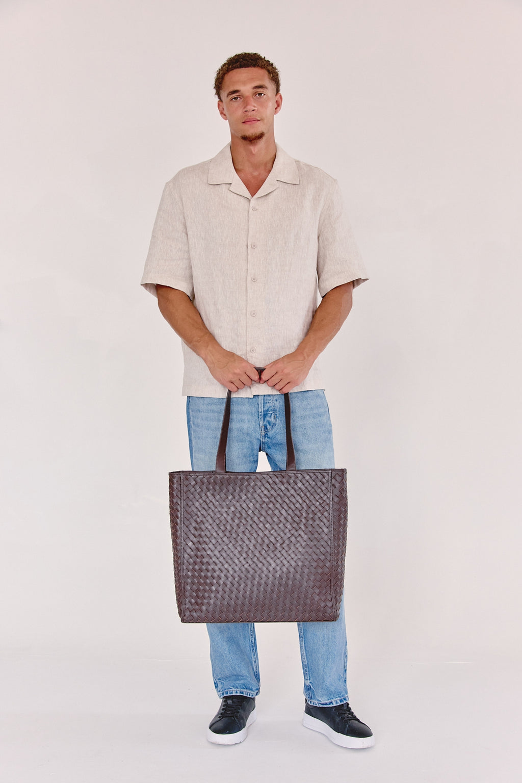 Emilio Large Woven Leather Tote Brown