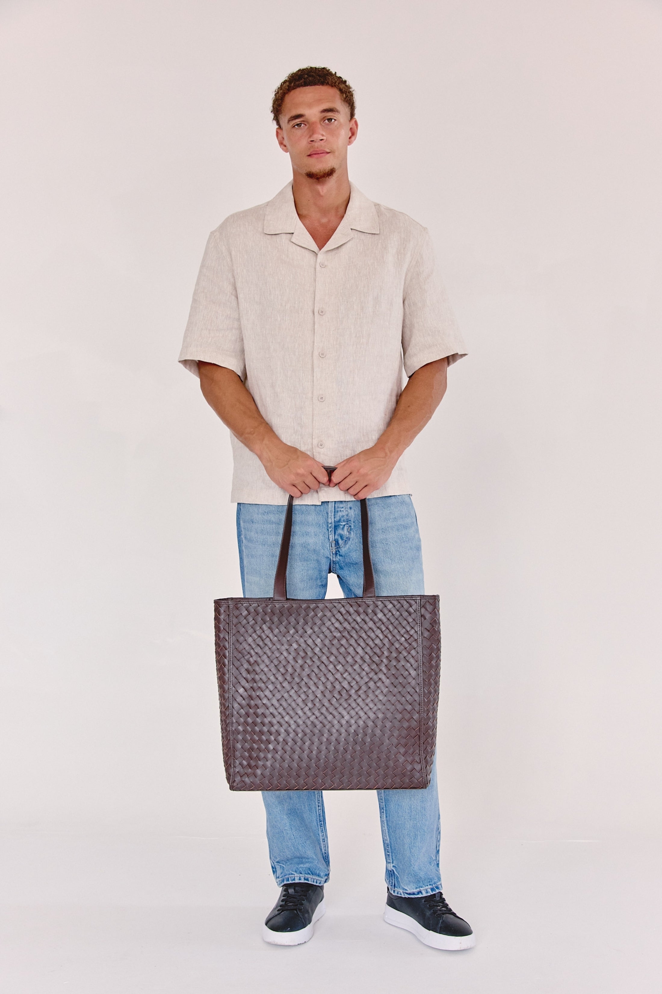 Emilio Large Woven Leather Tote Brown